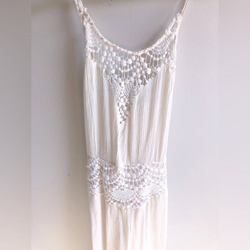 Double Zero Gauzy Cream Bohemian Lacy Crochet Lightweight Dressy Pantsuit Romper